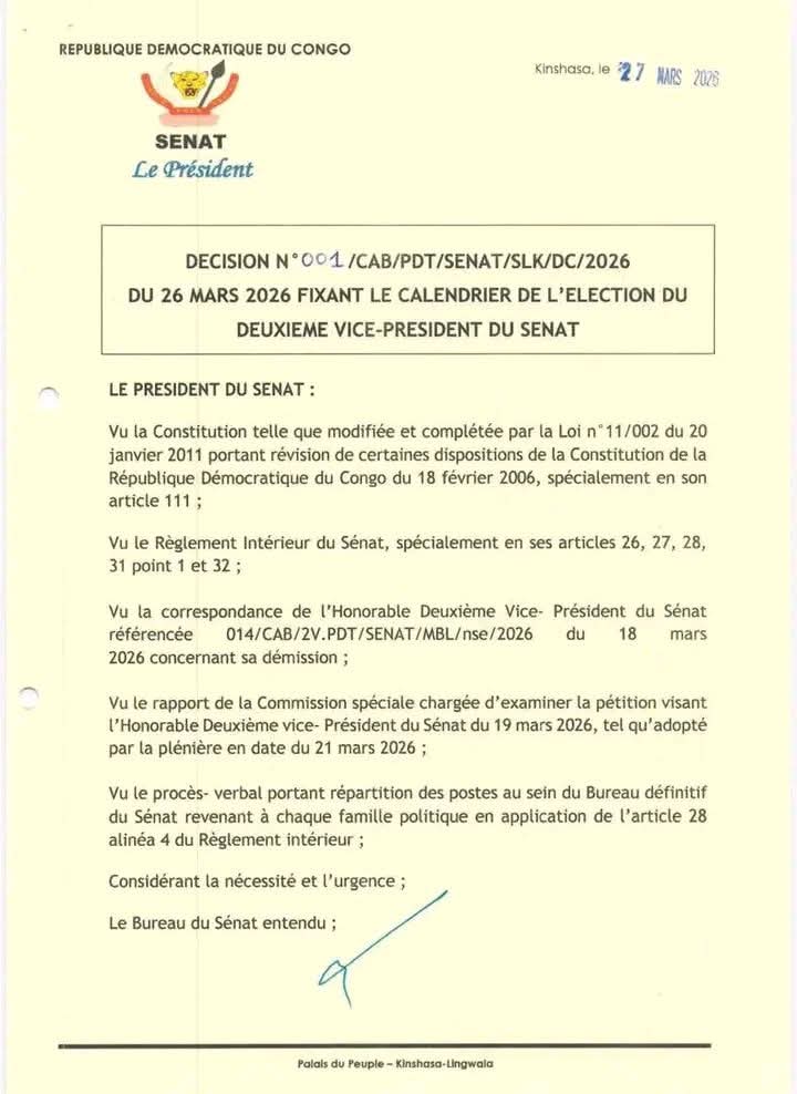 RDC : le Sénat fixe le calendrier de l’élection du deuxième vice-président