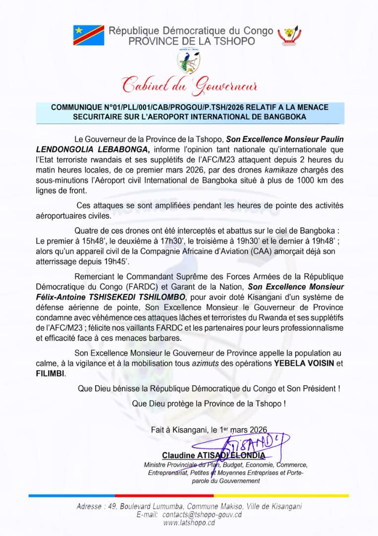 Tshopo : Quatre drones kamikazes interceptés au-dessus de l’aéroport international de Bangboka, le gouvernement provincial dénonce une menace terroriste