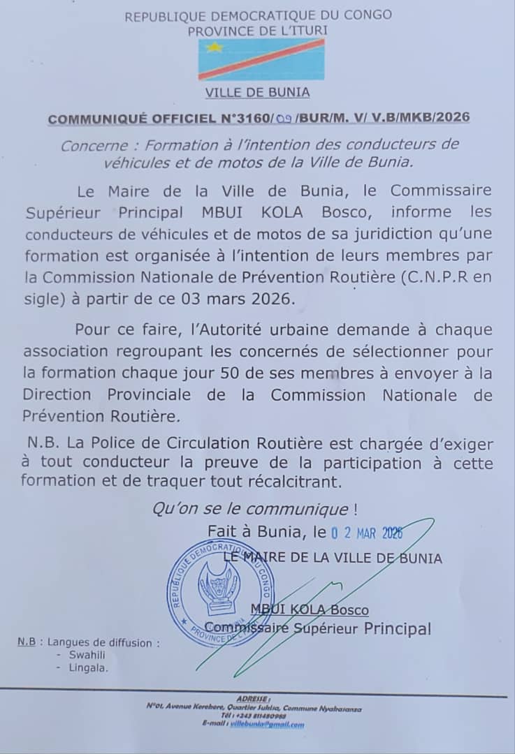Ituri : une formation obligatoire lancée par CNPR pour les conducteurs de véhicules et de motos à Bunia