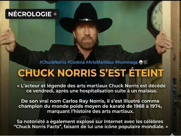 Monde : Mort de la Légende des Arts Martiaux Américains Chuck Norris ce Vendredi 20 Mars 2026 Suite à un Malaise