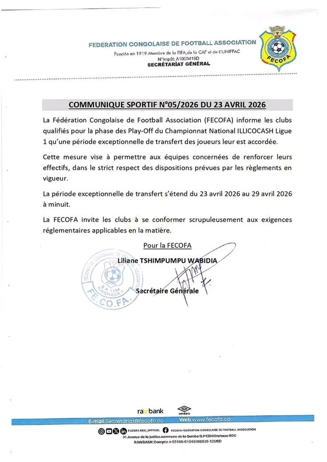 Play-Off LINAFOOT : une fenêtre de transfert exceptionnelle ouverte par la FECOFA