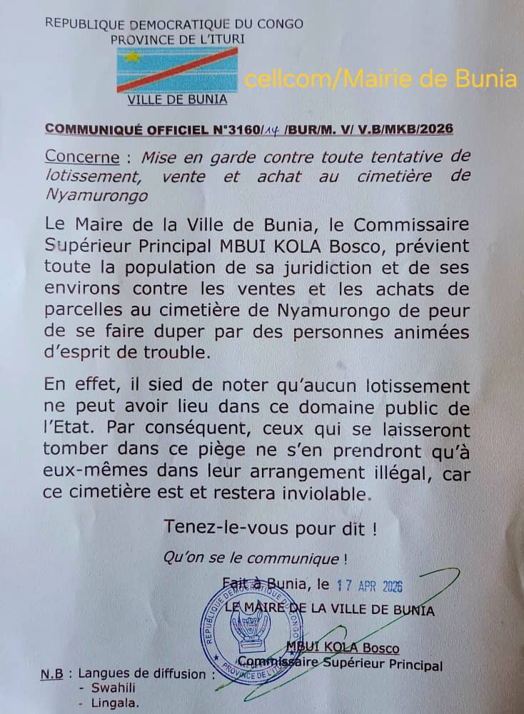 Bunia : la mairie met en garde contre la vente illégale de parcelles au cimetière de Nyamurongo